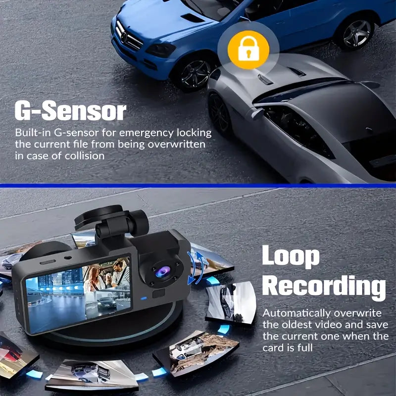 4K Three-Channel Front and Rear Built-in Tachograph - UHD Car Camera, Infrared Night Vision, 32GB SD Card, 24-hour Parking Mode