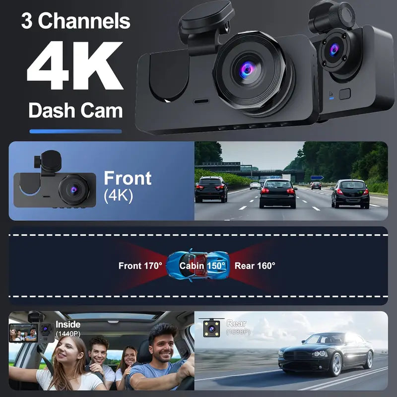 4K Three-Channel Front and Rear Built-in Tachograph - UHD Car Camera, Infrared Night Vision, 32GB SD Card, 24-hour Parking Mode