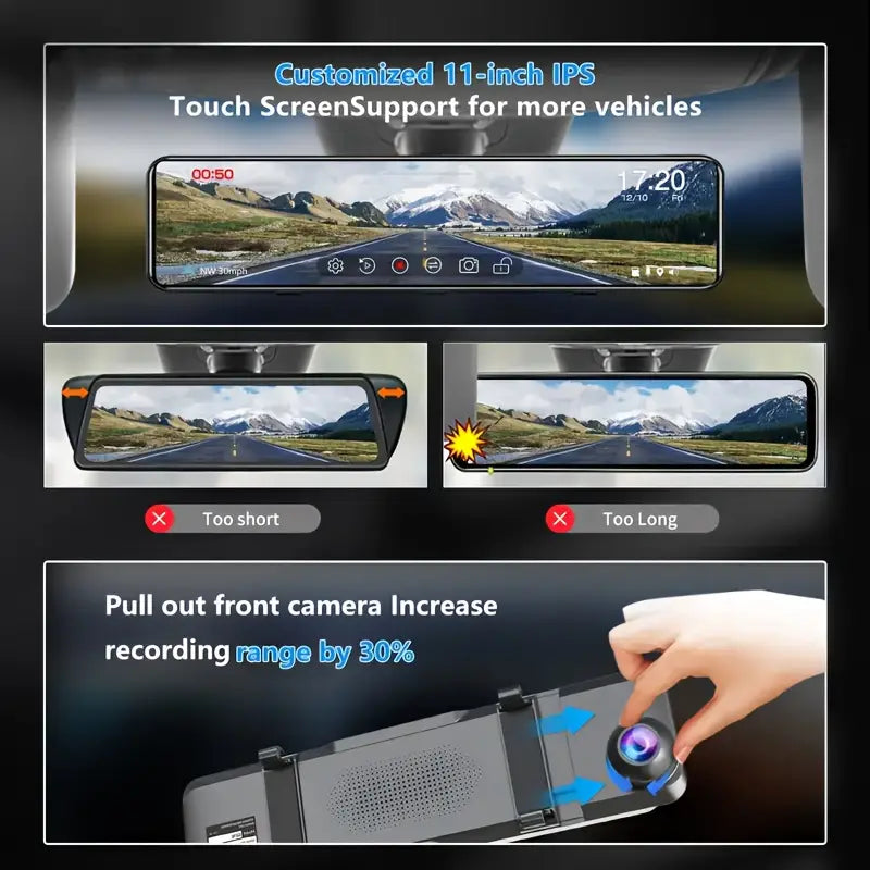 11" IPS 4K Mirror Dash Cam - Touch Screen, Night Vision, Reverse Assist, 64GB Card, Universal Fit