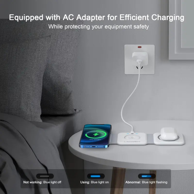 3-in-1 Charger: Fast Wireless Station for iPhone, Android & More – Foldable, Lightweight, Portable