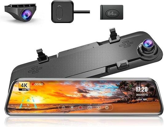 11" IPS 4K Mirror Dash Cam - Touch Screen, Night Vision, Reverse Assist, 64GB Card, Universal Fit