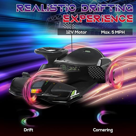 Electric Drift Go Kart for Kids 5-12 Years | 2-Speed Race Car with LED Lights & Music | Safe Kids Ride On Car 110lb Capacity