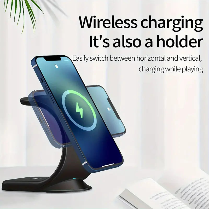 Magnetic Magic: 3-in-1 Fast Charger Stand – Charge iPhone, iWatch, & AirPods with Flair!