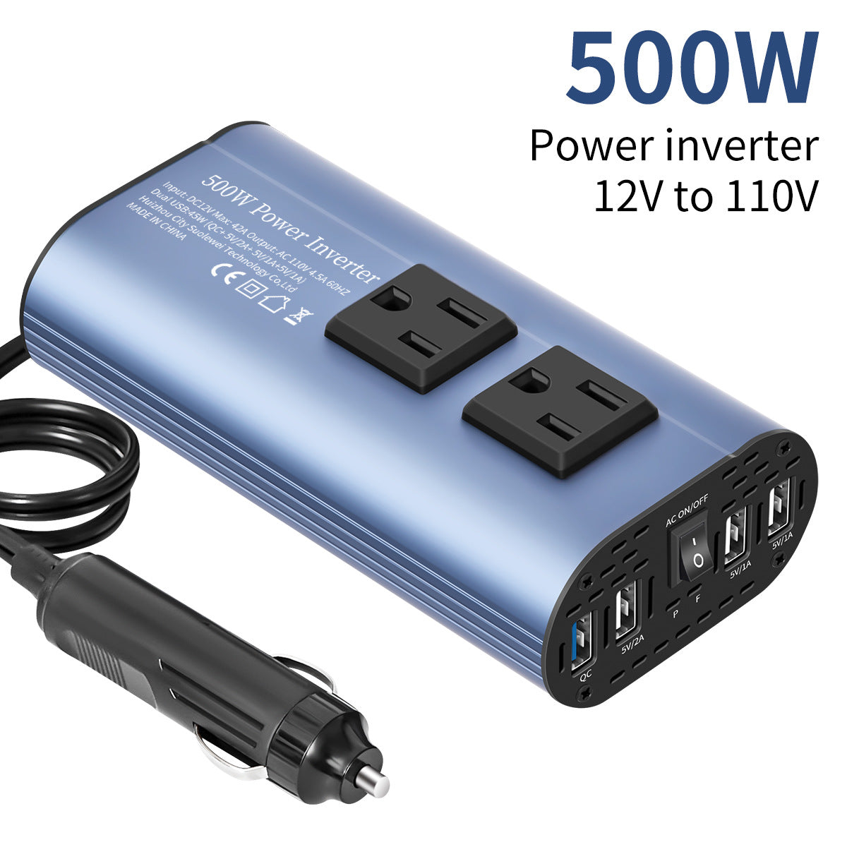 Power Inverter Charger Converter 500W (Peak) Power 12V Car Power Inverter, 4 USB Ports, Smart Fast Charging, Power Converter