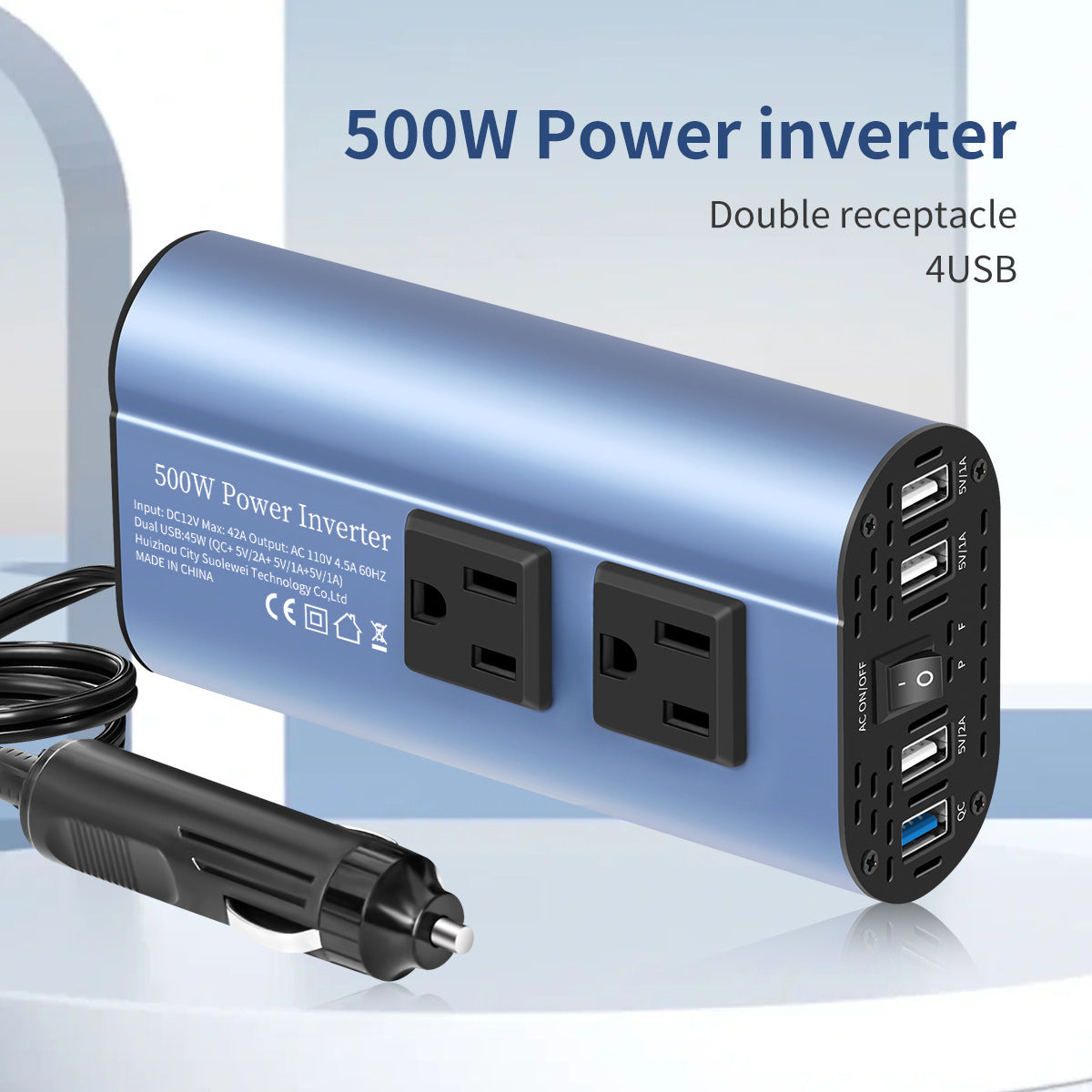 Power Inverter Charger Converter 500W (Peak) Power 12V Car Power Inverter, 4 USB Ports, Smart Fast Charging, Power Converter