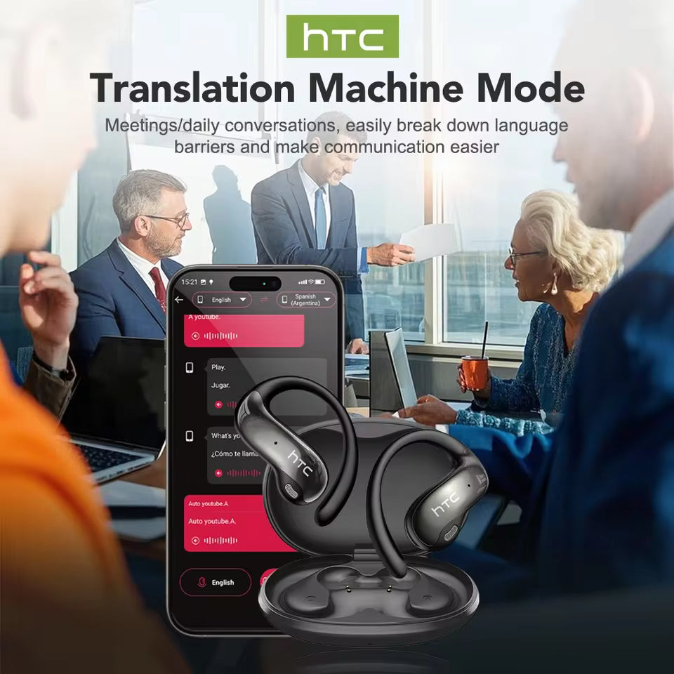 HTC NE19 Bluetooth Earphones OWS Sports Wireless Headphones Powerful Bass AI Translator Earbud Waterproof Ear Hook Louder Stereo