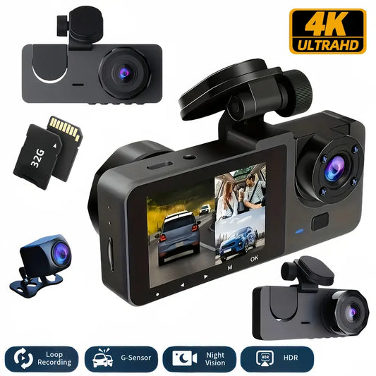 4K Three-Channel Front and Rear Built-in Tachograph - UHD Car Camera, Infrared Night Vision, 32GB SD Card, 24-hour Parking Mode