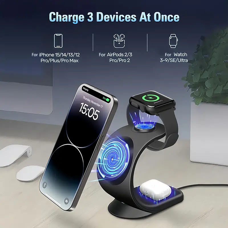 Magnetic Magic: 3-in-1 Fast Charger Stand – Charge iPhone, iWatch, & AirPods with Flair!