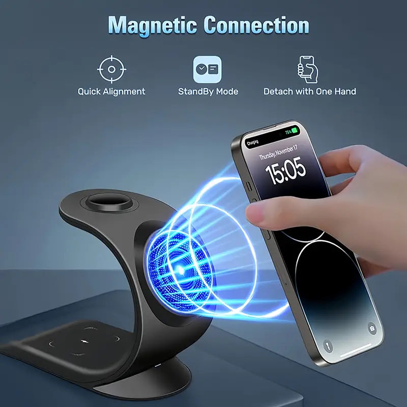 Magnetic Magic: 3-in-1 Fast Charger Stand – Charge iPhone, iWatch, & AirPods with Flair!