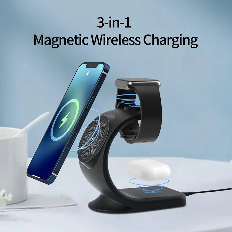 Magnetic Magic: 3-in-1 Fast Charger Stand – Charge iPhone, iWatch, & AirPods with Flair!