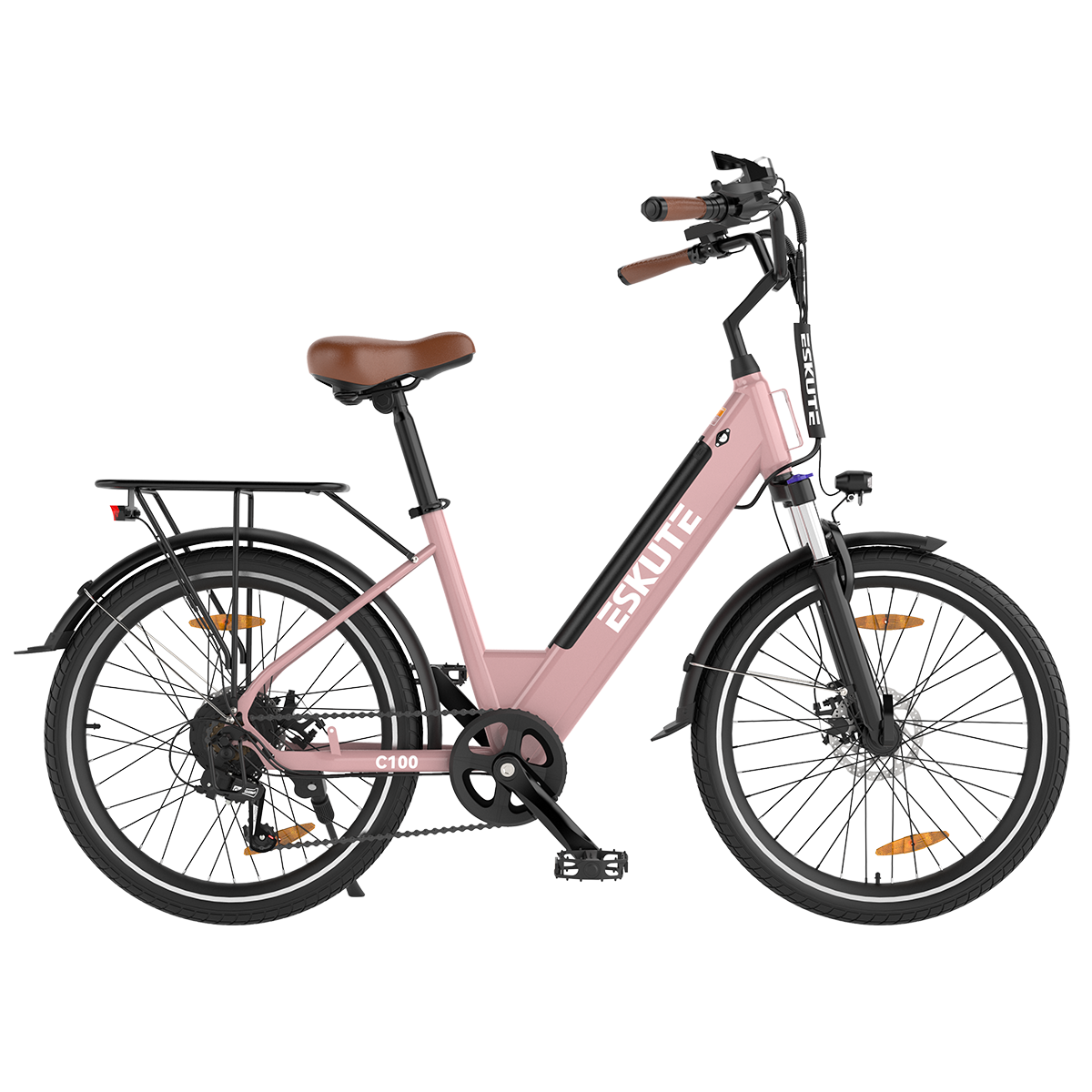ESKUTE C100 Electric City Bike - 500W Peak Motor, 26" Step-Thru, 7-Speed, 40Mi Range, Front Suspension